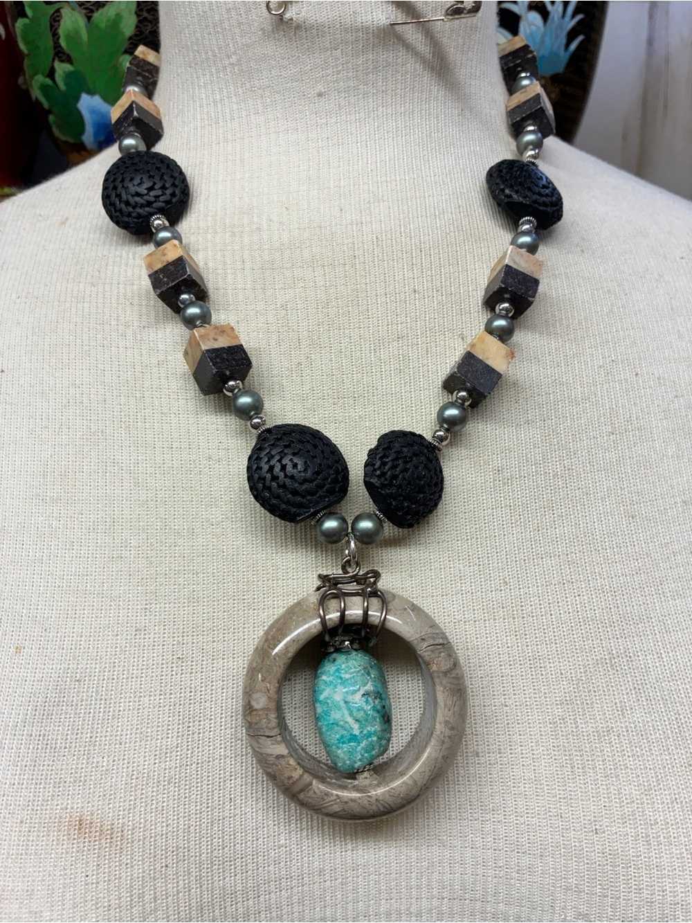 Handcrafted Black onyx, larimar and jasper Statement Necklace